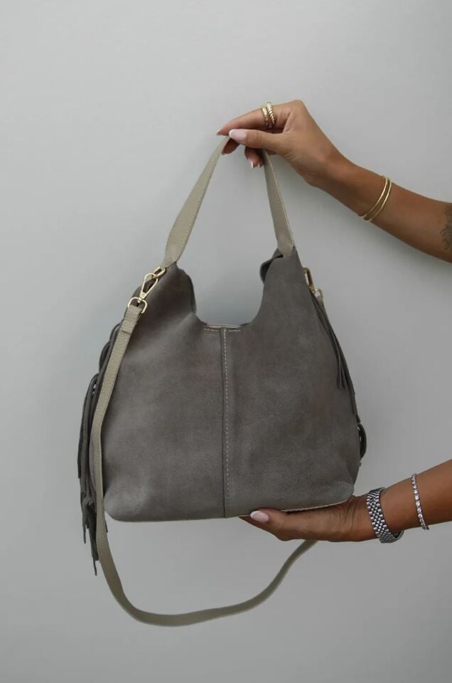 Andrea Hakiki Süet El ve Omuz Çantası Gri