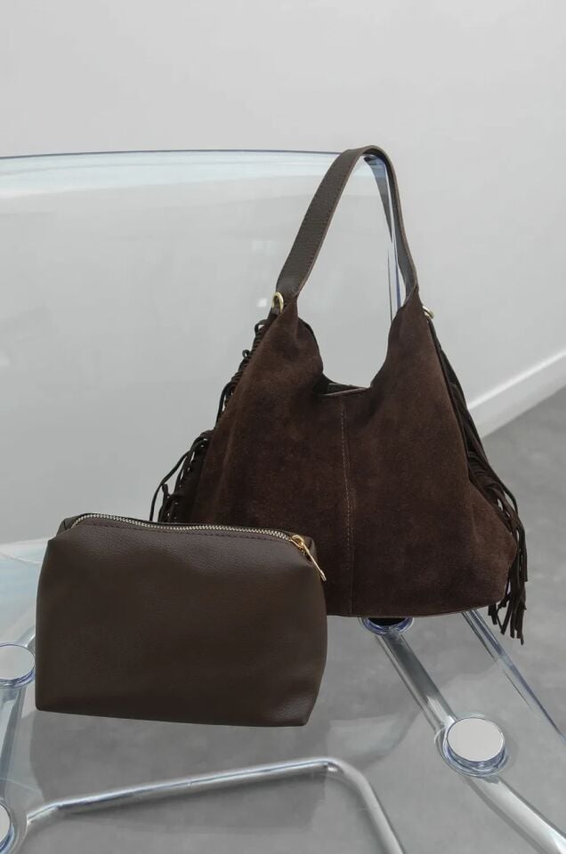 Andrea Hakiki Süet El ve Omuz Çantası Kahverengi