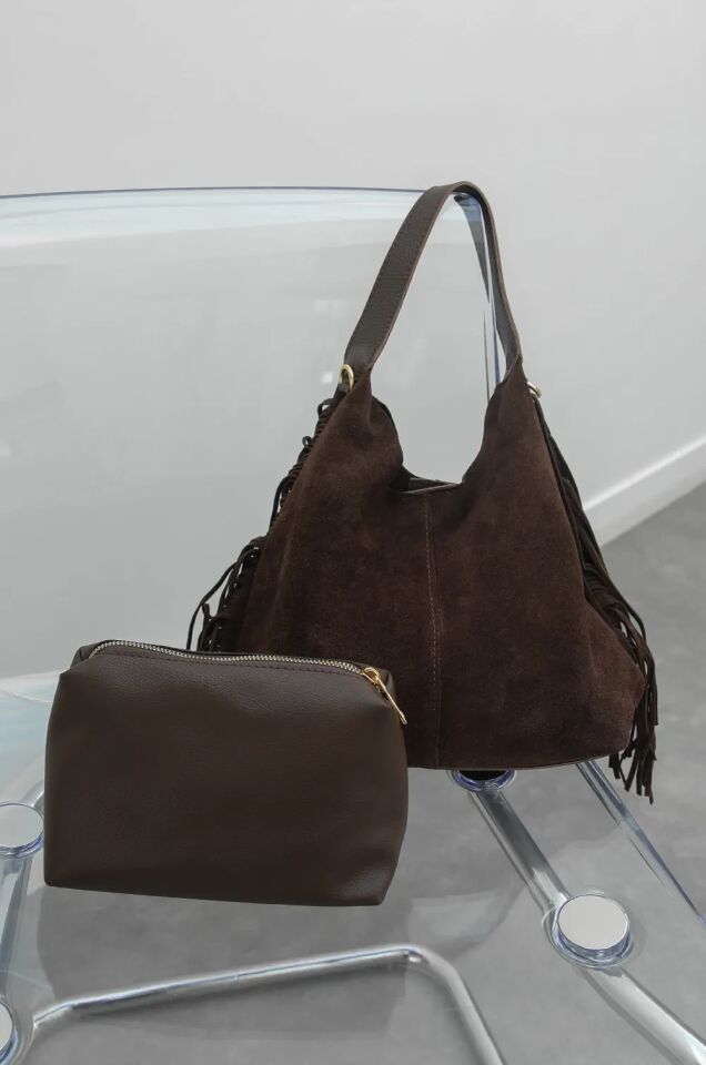 Andrea Hakiki Süet El ve Omuz Çantası Kahverengi