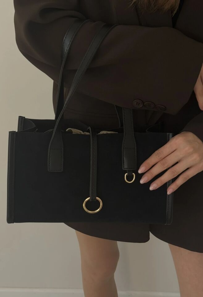 Eny Siyah Süet El ve Omuz Çantası