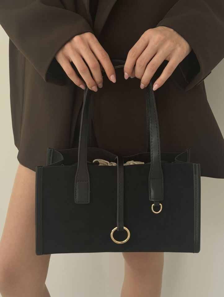 Eny Siyah Süet El ve Omuz Çantası