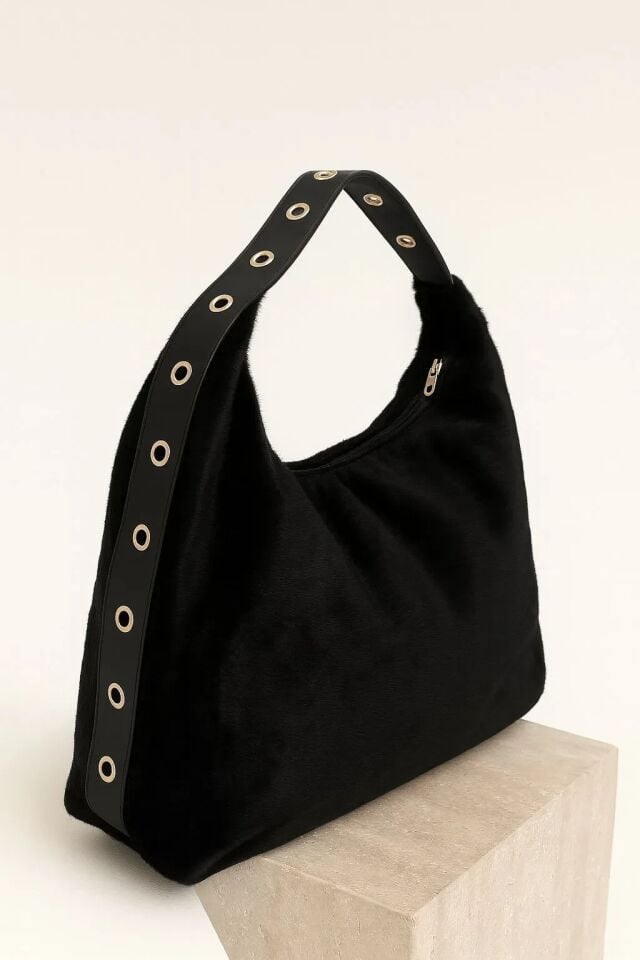 Lily Peluş Dokulu El ve Omuz Çantası Siyah