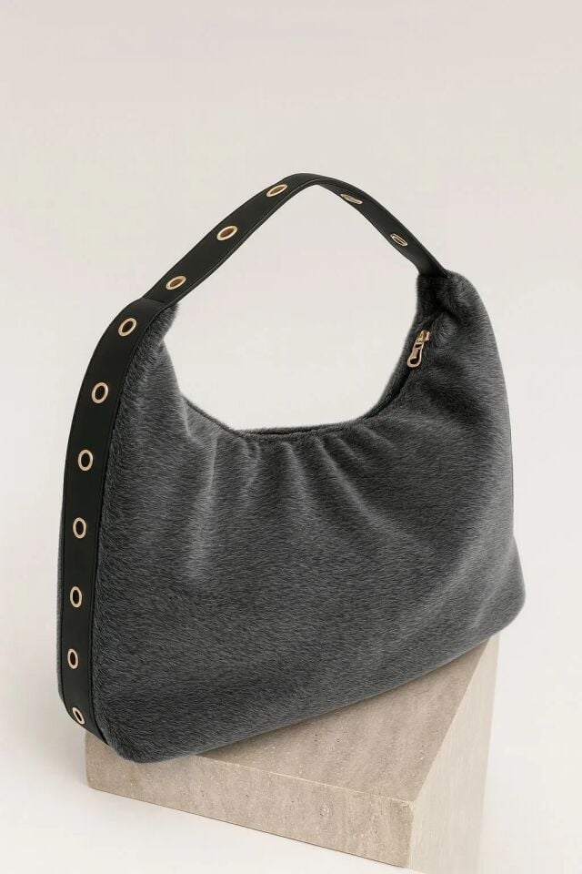 Lily Peluş Dokulu El ve Omuz Çantası Gri